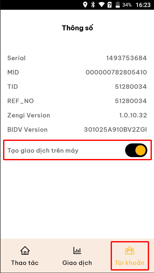 Bước 3 – bật Tạo giao dịch trên máy